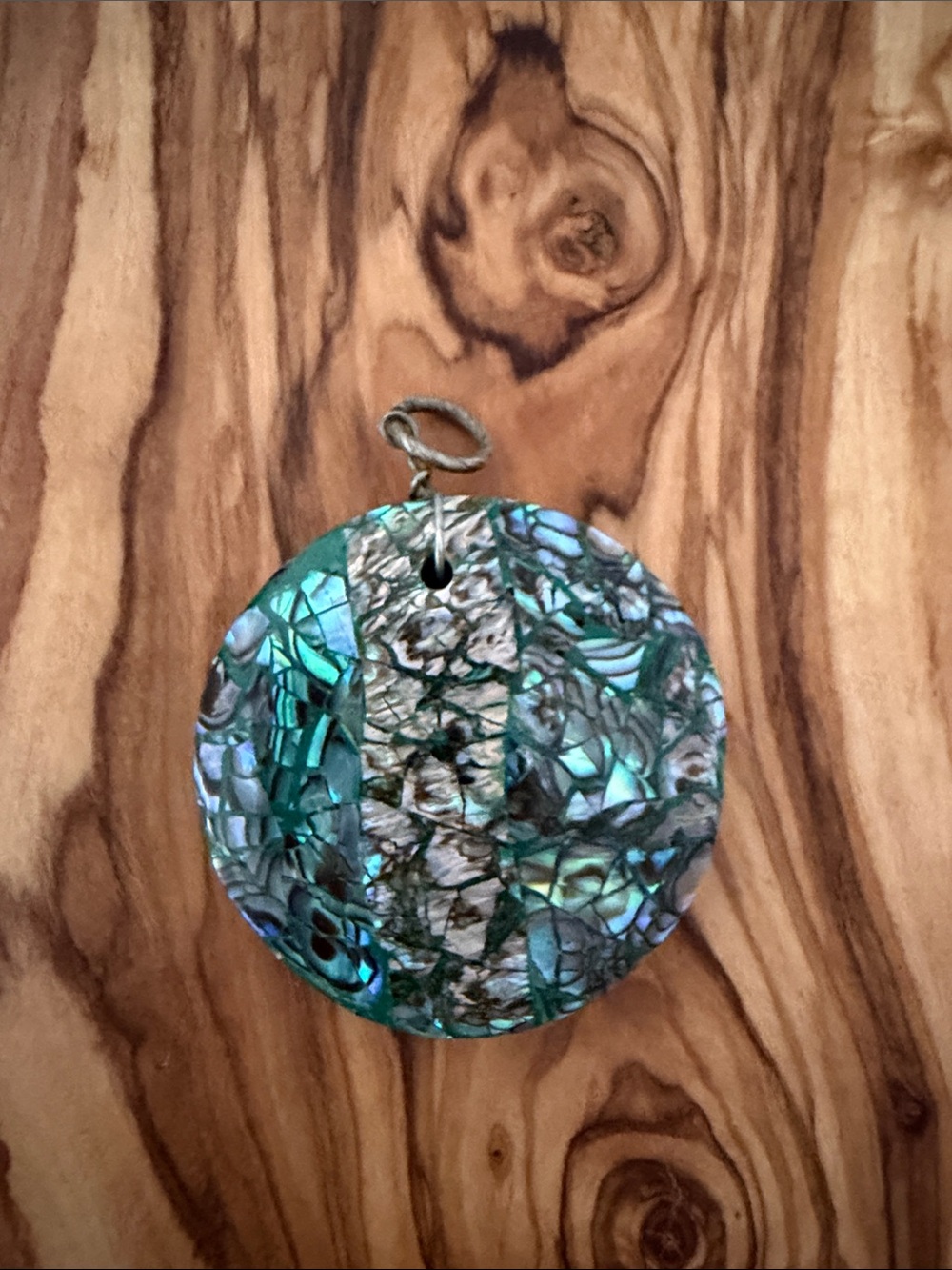 Round Abalone Shell Pendant Necklace in Iridescent Teal and Green